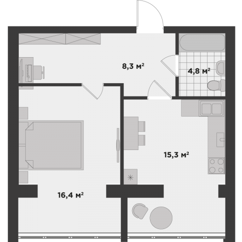 Однокімнатна квартира 44,8 м.кв.