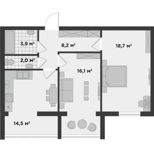 Двокімнатна квартира 63,4 м.кв.