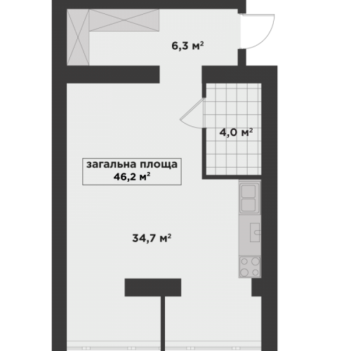 Однокімнатна квартира 46,2 м.кв.