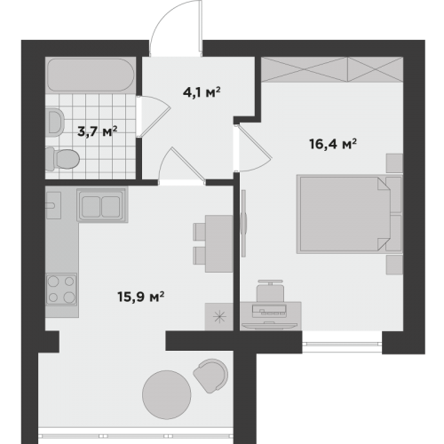 Однокімнатна квартира 40,1 м.кв.