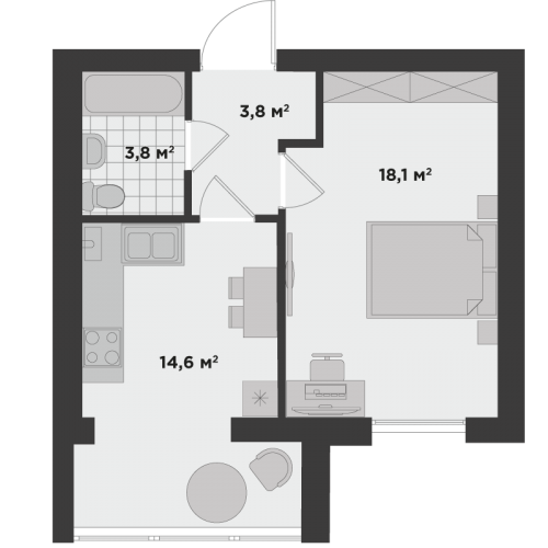Однокімнатна квартира 40,3 м.кв.
