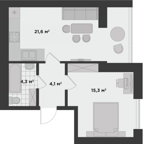 Однокімнатна квартира 45,3 м.кв.