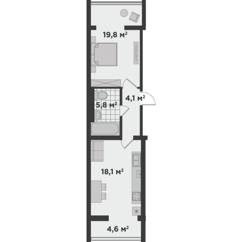 Однокімнатна квартира 52,4 м.кв