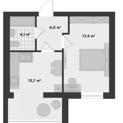 Однокімнатна квартира 39,2 м.кв.