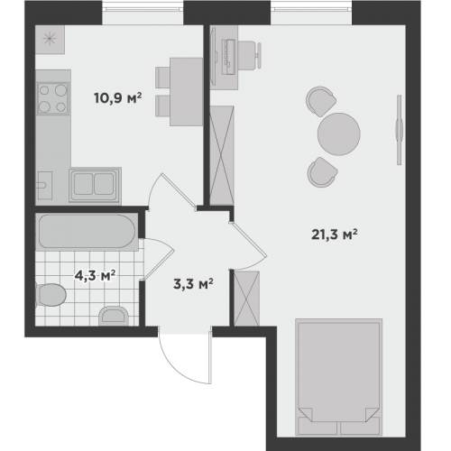 Однокімнатна квартира 38,8 м.кв.