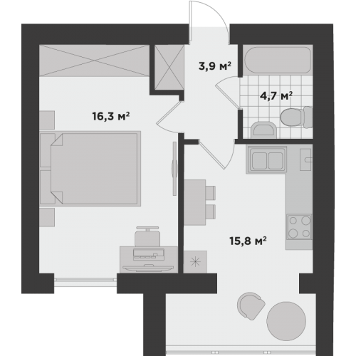 Однокімнатна квартира 40.3 м.кв.