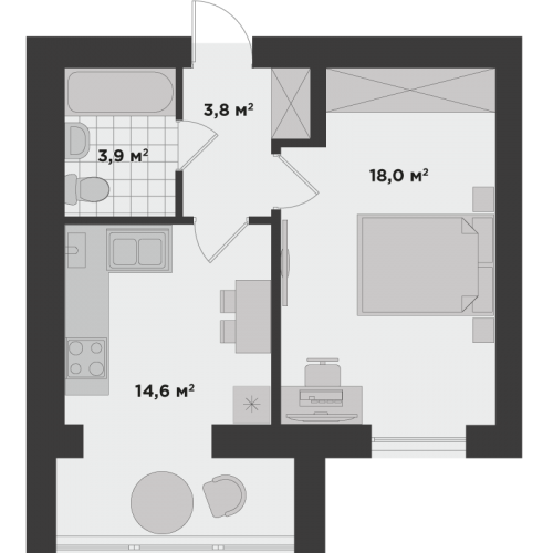 Однокімнатна квартира 40,3 м.кв.