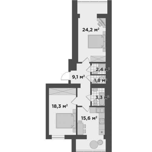 Двухкомнатная квартира 74,7 м.кв.