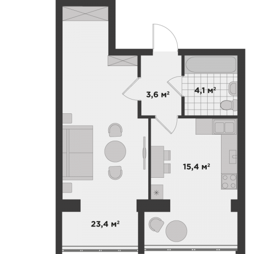 Однокімнатна квартира 45,57 м.кв